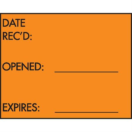 3 Line Label: "Date Rec'd / Opened / Expires," Fluorescent Orange.